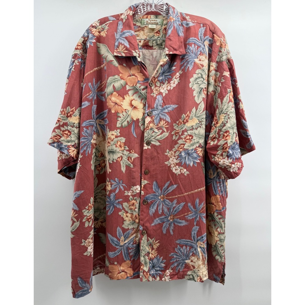 Tommy Bahama Mens XXL Red Silk Hula Girl Palm Tree Tropical Camp Shirt